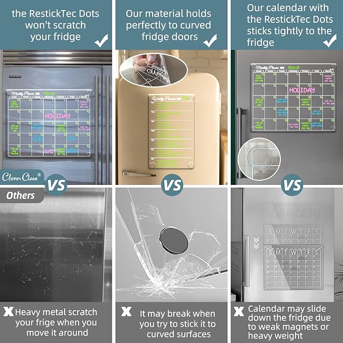 Clear Non-Magnetic Calendar Set for Fridge - Dry Erase Transparent Monthly, Weekly Calendar and Blank Board - Sticks to Wall, Glass, Door, Any Smooth Surfaces
