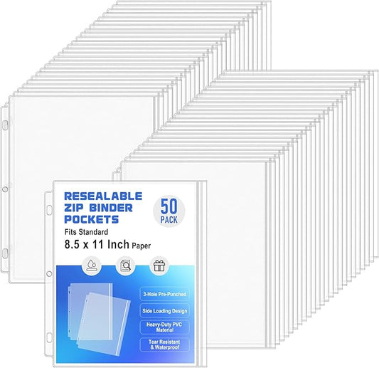 Antner 50 Pack Letter Size Binder Pockets for 3 Ring Binder, Waterproof Resealable Zip Loose Leaf File Bags Document Organizer Folders Insert Page Sleeves PVC 3-Hole Sheet Protectors for 8.5x11 Paper