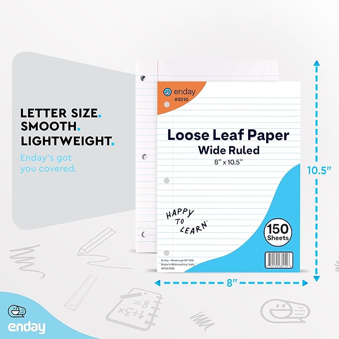 Loose Leaf Paper Bulk, 1800 Sheets, Wide Ruled, (12 Pack) 150 Sheets Per Pack, 8" x 10.5" White Filler Paper, 3 Hole Punched Binder Paper for 3 Ring Binders, Notebook Paper - By Enday