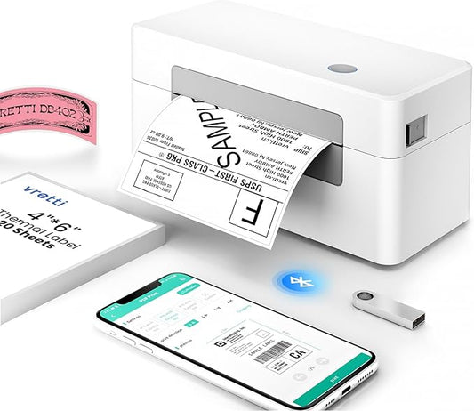 vretti Bluetooth Shipping Label Printer - 4x6 Thermal Printer for Shipping Packages and Small Businesses, Label Printer Supports Android/iPhone/Windows, Compatible with Shopify, Ebay, USPS, Amazon