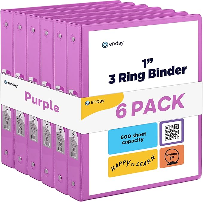 3 Ring Binder Purple, 1 Inch, 1” Clear View Cover with 2 Inside Pockets Round Ring Binder, Colored School Supplies Binders, Also Available in Pink, Blue, Grey, Green, and Red (6 PC) – by Enday