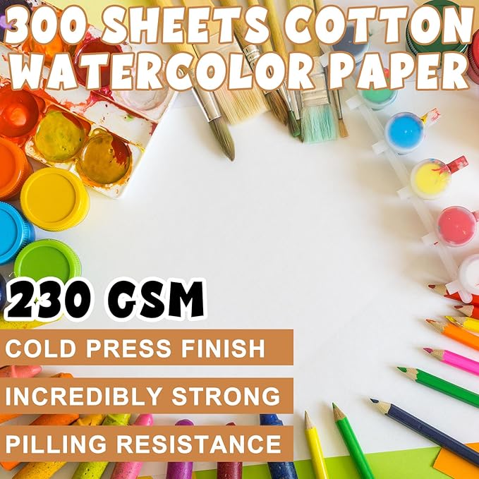 TaoBary 300 Pcs Watercolor Paper Sheet Bulk White Cold Press Paper Pack 110 lb 230 GSM Sketch Painting Watercolor Pad for Watercolorist Beginning Artists Adults Drawing Craft(9 x 12 Inch,230 GSM)