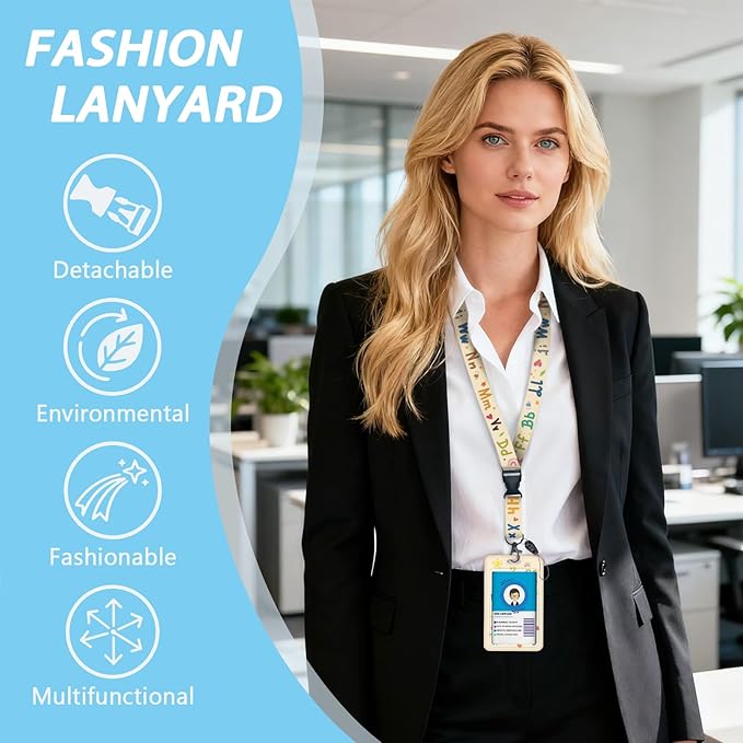 Gctriki Teacher Lanyards for ID Badges, Cute Retractable Badge Reel Heavy Duty with Carabiner Clip, English Letter ID Badge Holder with Lanyard, Retractable Keychain Name Badge Teacher Student Gifts