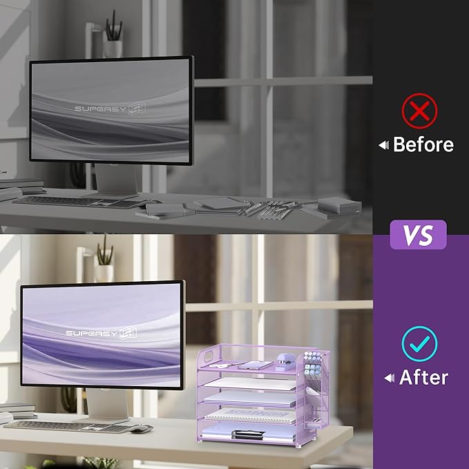 SUPEASY 5 Tier Desk Organizer with Handle & Removable Pen Holders, Mesh Paper/File Organizer for Desk, Paper Letter Tray Organizer for Office Supplies (Purple)