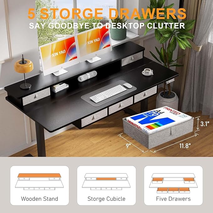 XINYAO Standing Desk with 5 Drawers, 63 x 30 Inch Electric Height Adjustable Stand Up Desk, Ergonomic Table with Storage Larger Desktop, Computer Workstations