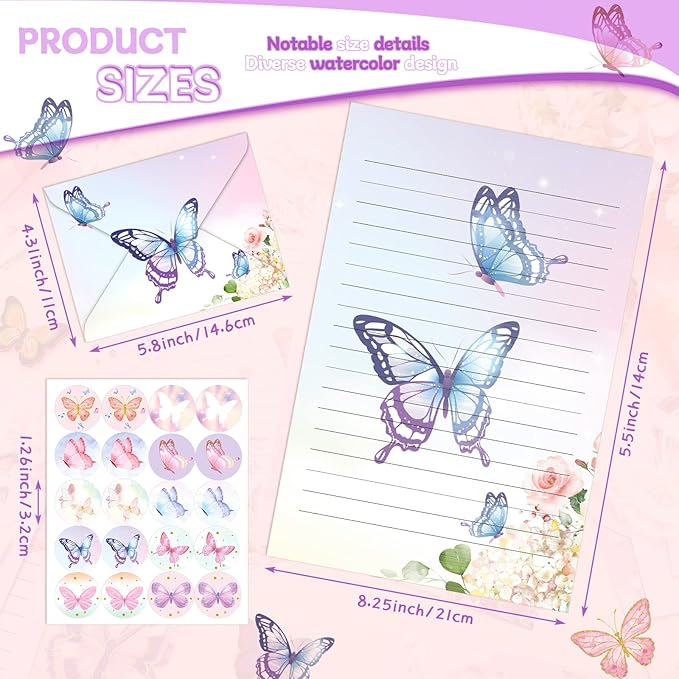 TaoBary 160 Pcs Stationery Paper Set 50 Double Sided Stationery Papers with 50 Matching Envelopes and 60 Round Dot Sticker, 10 Design(Watercolor Butterfly,5.5 x 8.25 Inch)