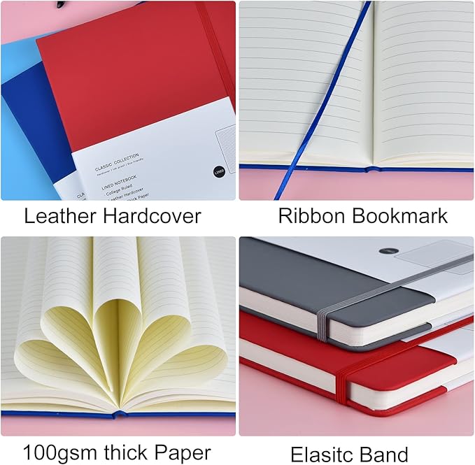 Coopay 3 Pack B5 Journal Notebooks Classic Ruled Notebooks Hardcover Lined Journals for Office Home School Business Writing Note Taking, 10.2 x 7.5 inch, 100GSM Thick Paper, 160 Pages (Gray/Blue/Red)