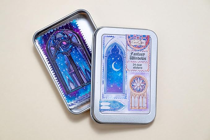 34 Pcs Fantasy Windows Sticker Set with Collectible Tin Box – Vintage Inspired Scrapbooking Stickers for Journals, Planners, Cards, DIY Crafts, Collage, Decorative Stationery & Creative Projects