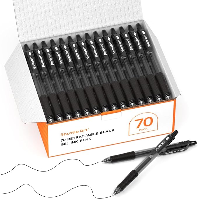 Shuttle Art Black Gel Pens, 70 Pack Retractable Medium Point Rollerball Gel Ink Pens Smooth Writing with Comfortable Grip for Office School Home Work