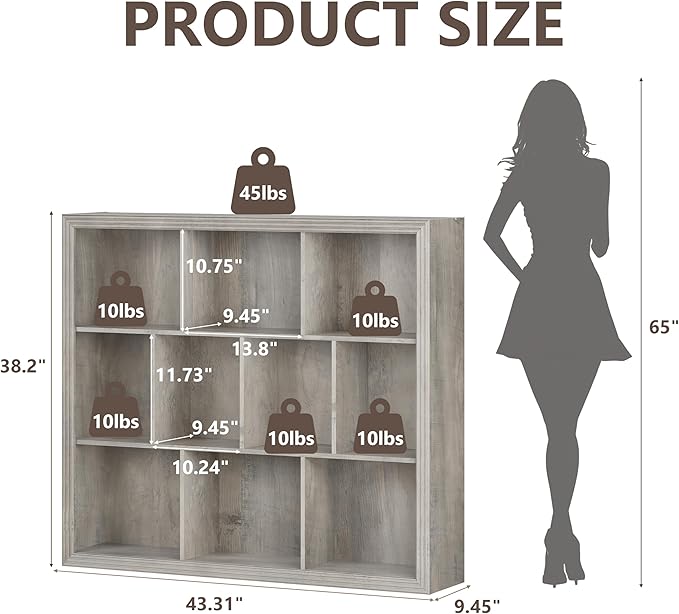 Wooden 10-Cube Storage Organizer, 3-Tier Bookshelf, Wood Grey Bookshelf, Bookcase, Cubical Storage Shelf with 3 Removable Back Panels for Bedroom Home and Office