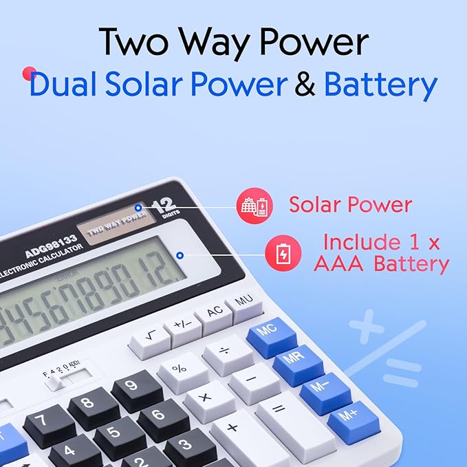M&G Desk Calculator 12 Digit Extra Large LCD Display, Dual Solar Power and Battery, Accounting Calculator with Big Button, Battery Include, Perfect for Office Business Home Daily Use