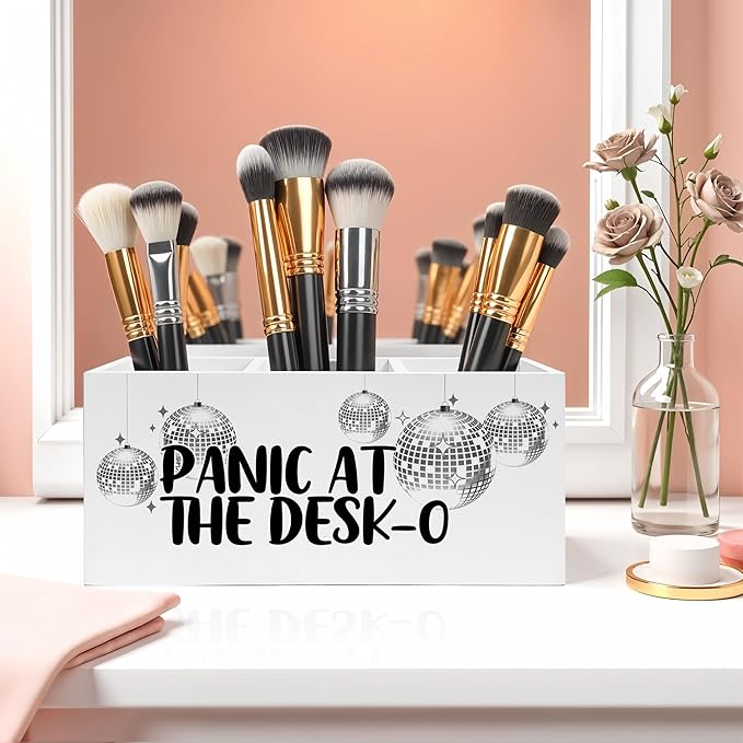 Funny Trendy Disco Ball Pencil Pen Holder for Desks, Panic at the Desk-O Mental Health Wooden Pencil Holder Organizer for Home Office Desk Accessories, Office Humor Gifts for Women