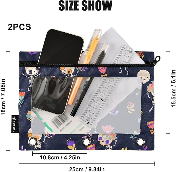 ZAZYXTJ Skull Binder Pencil Pouchs 3 Ring with Zipper Clear Window Office Organizers bag for School Students Teacher Supplies 2 Pack