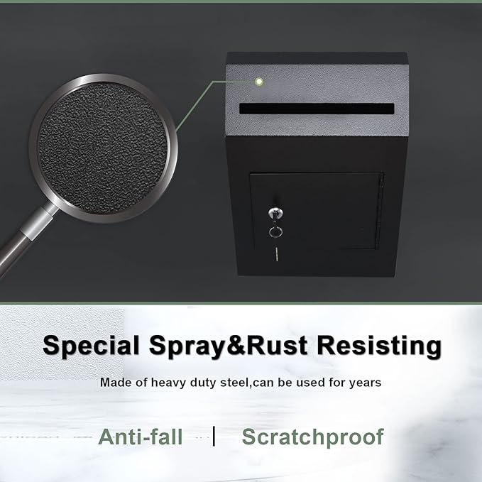 xydled Wall-Mount Mailbox,Heavy Duty Deposit Drop Box Suggestion Box, Locking Metal Key Drop Box with Key Lock, Cash Money Drop Box Safe Storage Box Postbox for Home&Business Use,16.3’’x10’’x4’’,Black