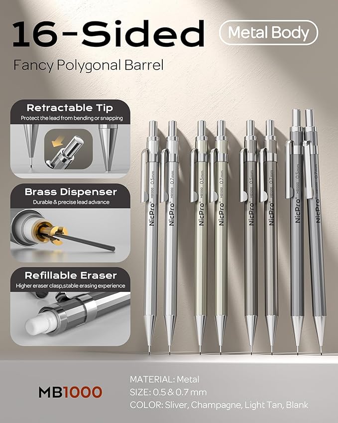 Nicpro 8 Pack 0.5mm & 0.7mm Metal Mechanical Pencil Set, MB1000 Lead Drafting Pencil for Artist Writing, Sketching, Drawing with 8 Tubes HB Lead Refills, 3PCS 4B Eraser, 9PCS Cap Eraser - With Case