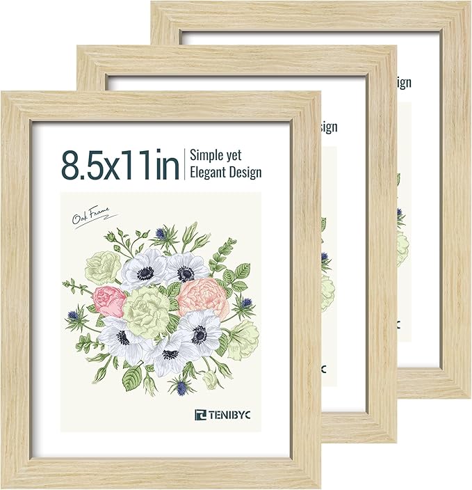 8.5x11 Picture Frames Set - 3 Pack - Natural Oak Wood - Tempered Glass - for Wall Photos, Family Memories, Posters & Puzzles, Home Decor