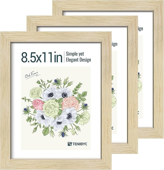 8.5x11 Picture Frames Set - 3 Pack - Natural Oak Wood - Tempered Glass - for Wall Photos, Family Memories, Posters & Puzzles, Home Decor