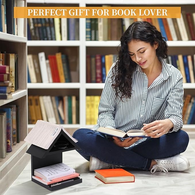 Wall Mounted Wood Bookcase, Small Bedside Bookshelf, Wooden Triangle Nightstand Book Rest,Gift for Book Lover Stand (Black)