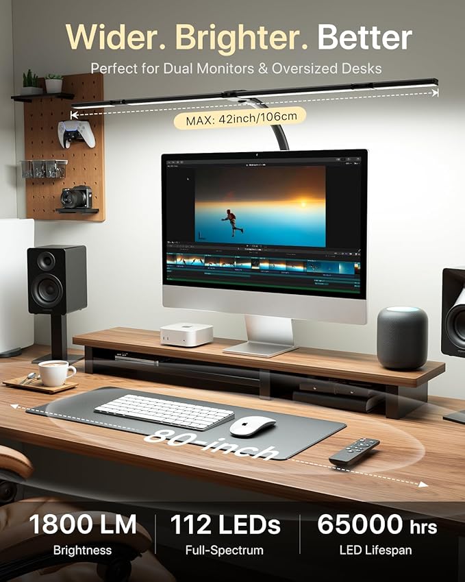 ONEMIX 42" LED Desk Lamp for Home Office, Eye-Caring Desk Light with Adjustable 4-Segment Bar, 1800LM Bright, Remote, Architect Table Lamp with Base for Dual Monitors, Reading, Study, Workbench(Black)
