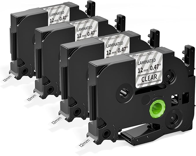 Label Maker Tape Clear TZe TZ Tape 12mm 0.47 Laminated TZe-131 Replacement for Brother P-Touch Label Tape Black on Clear TZe131 for Ptouch PT-D220 D210 H110 1180 1280 1890 Refills, 4-Pack