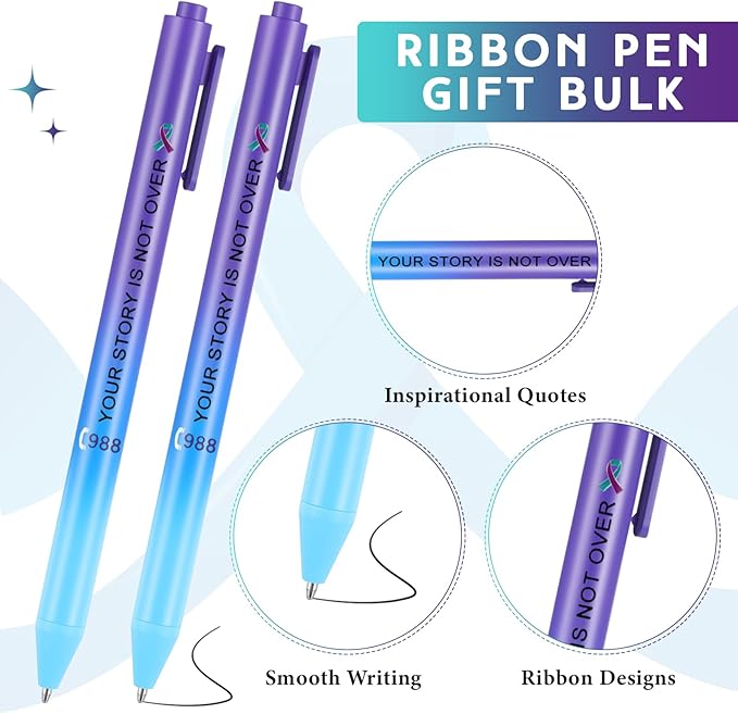 Jetec 100 Pcs Suicide Prevention Awareness Ribbon Pens Bulk Black Ink Retractable Fine Tip Pens with Gradient Color Barrel Ballpoint Pens for Charity Volunteers Activity