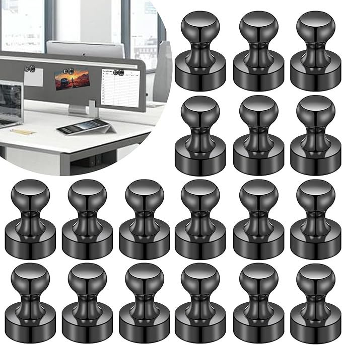 LOVIMAG Fridge Magnets for Office Accessories, 20 Pcs Black Refrigerator Magnets for Office Organization, Small and Strong Push Pin Magnets for Whiteboard, Office,Classroom,Kitchen,Locker etc