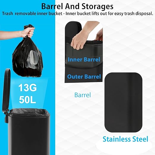 PayLessHere Stainless Steel Trash Can with Lid - Removable Inner Bucket, Foot Pedal Soft Close for Office, Home, Kitchen Garbage Bin (Black, 13 G)