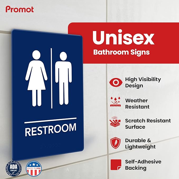 Promot Unisex Bathroom Sign – ADA Braille Restroom Sign for Business, Self-Adhesive, 9" x 6", Commercial Door Signage, Office Wall Decor - Blue