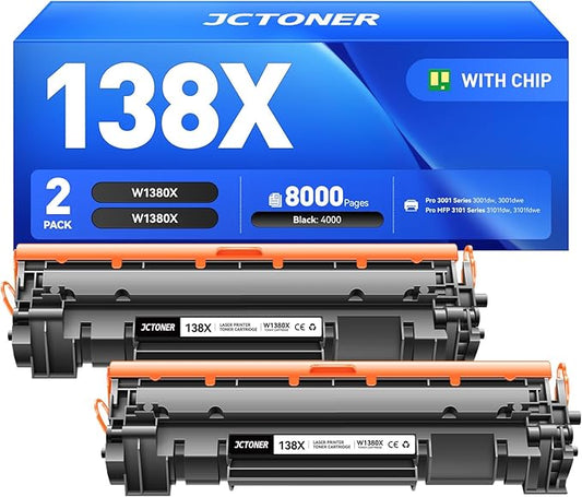 138X Black Toner Cartridge 2-Pack with Chip Compatible with HP 138X W1380X 138A W1380A Toner Replacement for Laserjet Pro MFP 3001dw 3001fdw 3101fdw Printer 3101 3001 Laser Printer All-in-One Copier