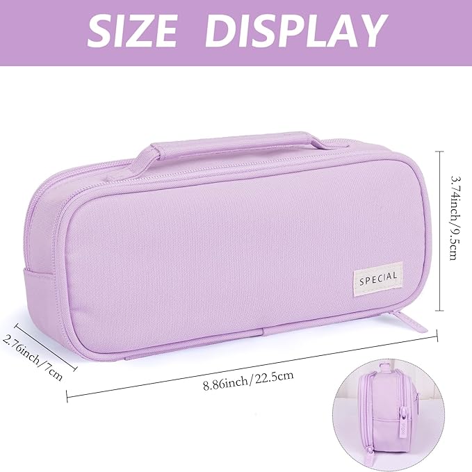 MAMUNU Pencil Case Large Capacity with 3 Compartments, Pencil Case Pouch Bag with Zipper Handle Portable Pen Stationery Organizer for Teen Girls Adults College School Office Travel, Purple