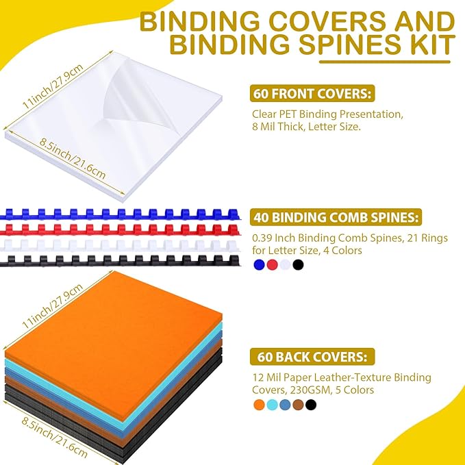 160 Pack Binding Covers and Combs kit 8.5x11 Inches Include 60 Pcs 12 mil Leather Texture Binding Cover 60 Pcs 8 mil Clear PET Presentation Covers 40 Pcs Binding Combs Letter Size(Vivid Color)
