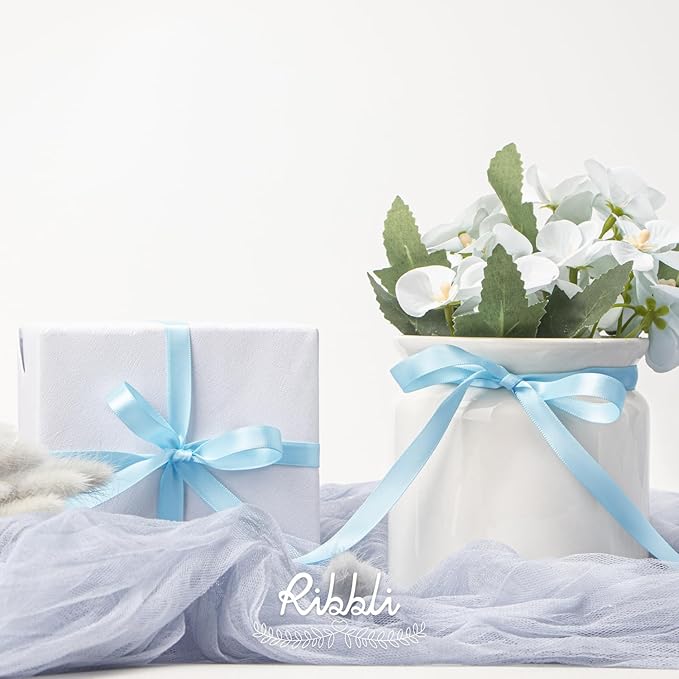 Ribbli Double Faced Light Blue Satin Ribbon,3/8” x Continuous 25 Yards,Use for Bows Bouquet,Gift Wrapping,Floral Arrangement