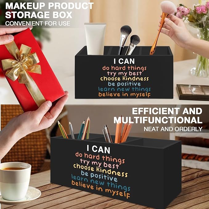 Inspirational Pen Pencil Holder Organizer for Desk Accessories, Boho Classroom Decor, I Can Do Hard Things Motivational Wooden Box Signs Decorations for Counseling Office Desk Tabletop