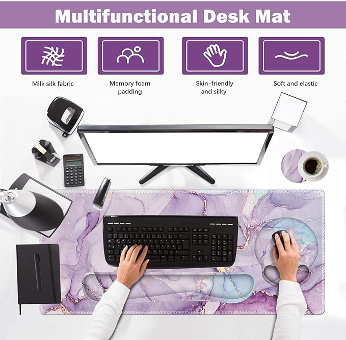 ARTSO Large Mouse Pad Ergonomic Keyboard Wrist Rest Support Set, Memory Foam Gel Wrist Pad, Extended Desk Mat Protector, Non-Slip Desk Blotter, Purple Blue Marble
