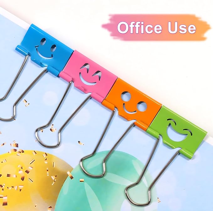 Coideal Smiley Binder Paper Clips - 100 Pcs Assorted Sizes and Colors, Metal Colored Fun Clip Clamps with Cute Smiling Face Design for Office (19mm & 25mm)