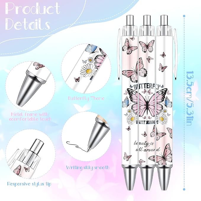 Butterfly Print Ballpoint Pens - 24PCS Kawaii Butterfly Pens Set Retractable Positive Affirmation Pens Smooth Writing Pens for Office Stationery Home School Supplies for Women Teacher Gifts