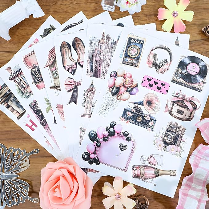 Snycler Black.Pink Theme Sticker Scrapbooking Supplies for Junk Journal, 20 Sheets PET Stickers - Vintage Journaling Stickers, Ephemera Sticker Book Pre Cut, Planner, Junk Journal Supplies