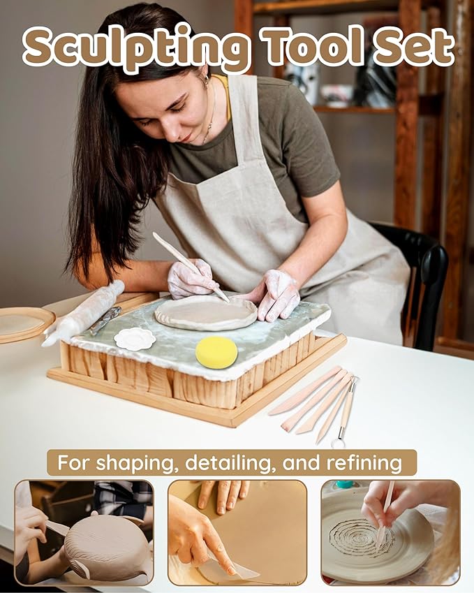 Air Dry Clay for Adults - Pottery Starter Kit for Beginner,Sculpting Tools, Gloss Varnish, DIY Plate Making Kit Gift for Christmas, Valentine's Day,Arts & Crafts