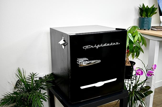 FRIGIDAIRE Black Retro Mini Refrigerator-Energy Saving-Adjustable Thermostat Control-Side Mounted Bottle Opener-Ideal for Dorm, Office, RV, Garage, Apartment 1.6 Cubic Feet