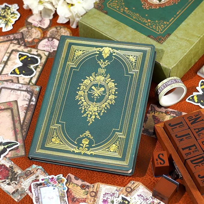 Funto Scrapbooking Kit (185 PCS), Medieval Chapter- Green Forest, Perfect for Bullet Scrapbooking Materials, Planner DIY Craft Collage