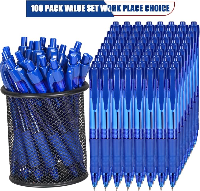 deegtran Pens Bulk, 100 Pack No Bleed Blue Ink Click Pens with Soft Grip, Wholesale Retractable Ballpoint Pens for Office School, Medium Point Smooth 1.0MM