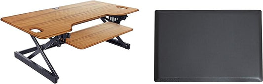 Rocelco 46" Large Height Adjustable Standing Desk Converter with Anti Fatigue Mat BUNDLE - Quick Sit Stand Up Triple Monitor Riser - Retractable Keyboard Tray - Teak Wood Grain (R DADRT-46-MAFM)