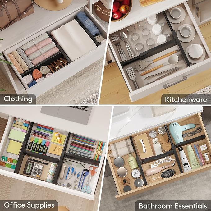 Lifewit 9 Pack Drawer Dividers 4" High, 11-17" Adjustable Drawer Organizers for Clothes, Expandable Dresser Separators in Bedroom/Bathroom/Kitchen/Fridge/Office Organization and Storage, Black