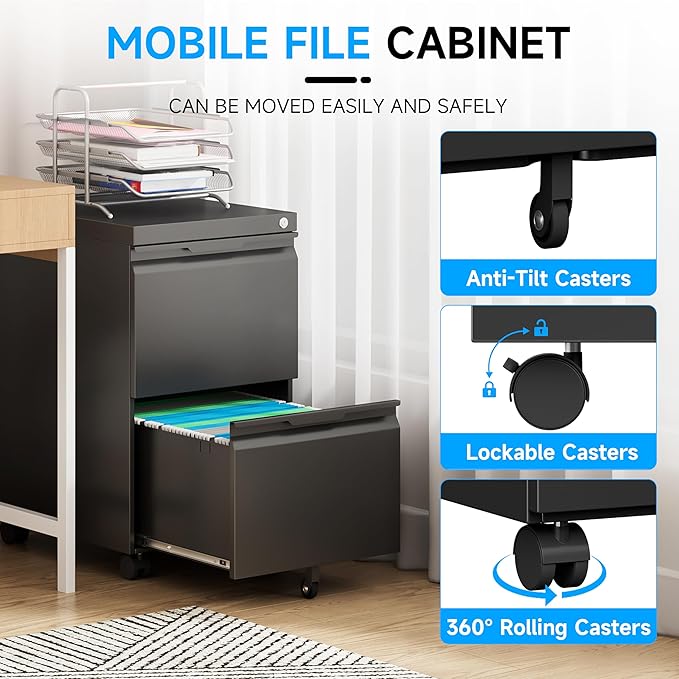 Bestoo 2-Drawer Mobile File Cabinet with Lock, Metal Filing Cabinet on Wheels for Home Office Under Desk, Fits File Folders, Letter/Legal/F4/A4 Size, Assembly Required (Black)
