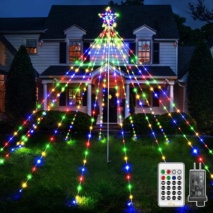 Ollny Christmas Lights Tree 340LED with Topper Star, IP67 Waterproof Remote Control Waterfall Lights with Pole, 16 Modes 3 Timers Dimmable Christmas Decorations Outdoor Yard Garden Lawn Multicolored