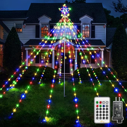 Ollny Christmas Lights Tree 340LED with Topper Star, IP67 Waterproof Remote Control Waterfall Lights with Pole, 16 Modes 3 Timers Dimmable Christmas Decorations Outdoor Yard Garden Lawn Multicolored
