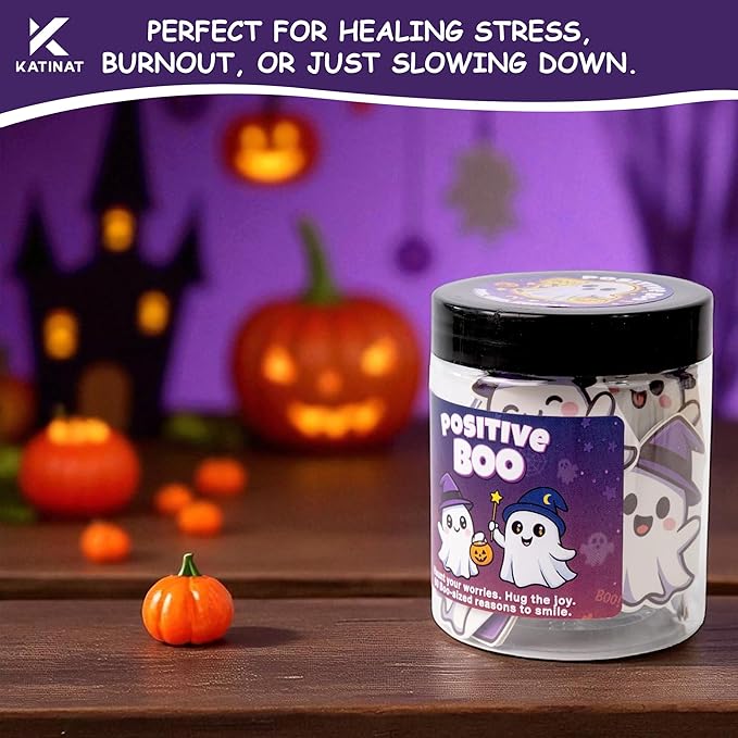 Positive Ghost Affirmation Jar – Halloween Gifts for Kids, Teens, Women – 60 Cute Ghost Cards for Emotional Support, Glow in the Dark Decor, Trick or Treat Basket Stuffer