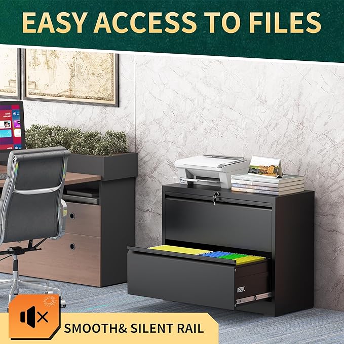 2 Drawer Lateral File Cabinet with Lock, Metal File Cabinets for Home Office, Steel Heavy-Duty Filing Storage Cabinet for Letters/Legal/A4 (Require Assembly, Black)