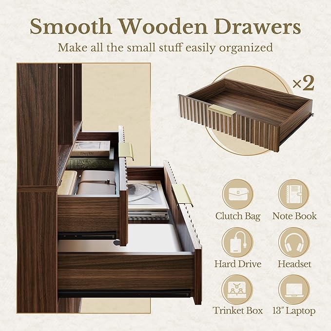 Bookshelf, Bookcase with Doors and 2 Drawers, Fluted Tall Bookshelf with 4-Tier Storage Shelves, 73 inch Wooden Book Shelf for Home Office, Living Room, Black Walnut