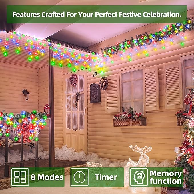 1296 LED Outdoor Christmas Lights with 288 Drops, 131FT ChristmasLights with 8 Modes Timer, Christmas Twinkly Lights IP44 Waterproof for Eaves Yard Room Holiday Wedding Party Decor (Multicolor)
